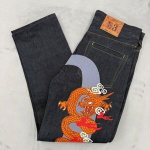 Evisu Osaka Japan Dragon Graphic Jeans Mens Indigo Denim Custom Made Size 32
